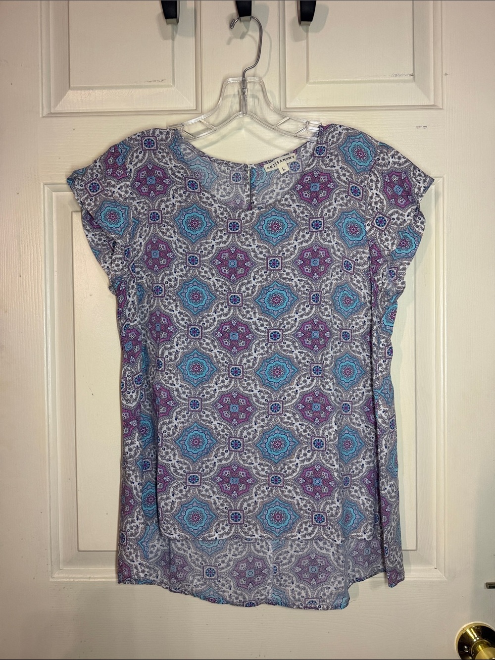 Artisan Ny Purple & Blue Geometric Medallion Short Sleeve Top